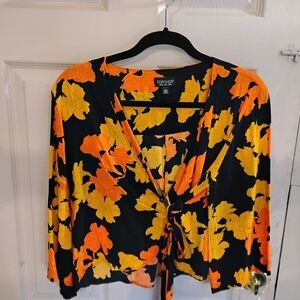 Topshop Women's Floral Wrap Top - Black, Orange, Yellow